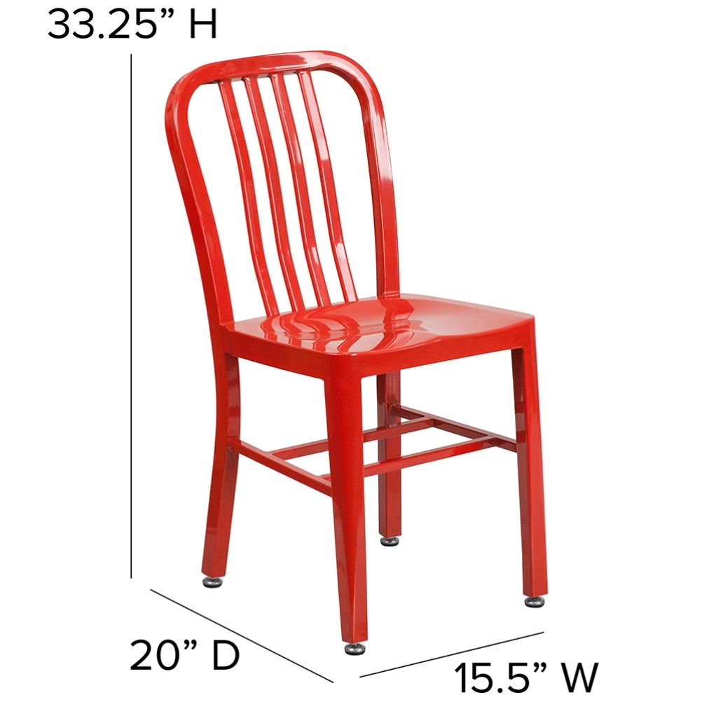 dimensions for commercial metal restaurant chair in red powder-coated steel with vertical slat back for indoor or outdoor commercial seating.