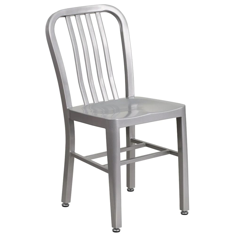 Commercial metal restaurant chair in silver powder-coated galvanized steel with vertical slat back for indoor or outdoor use.