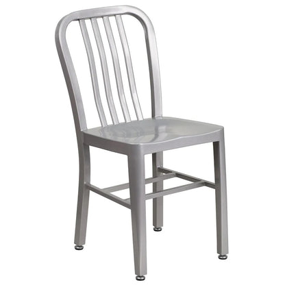 Commercial metal restaurant chair in silver powder-coated galvanized steel with vertical slat back for indoor or outdoor use.