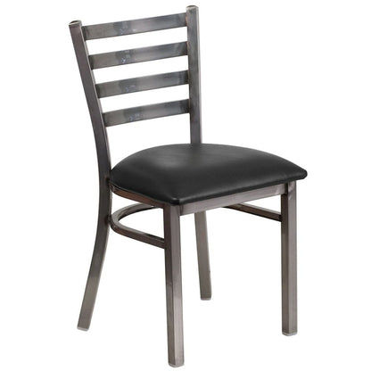 Front view of commercial metal ladder back restaurant chair with black powder-coated steel frame and black vinyl seat.