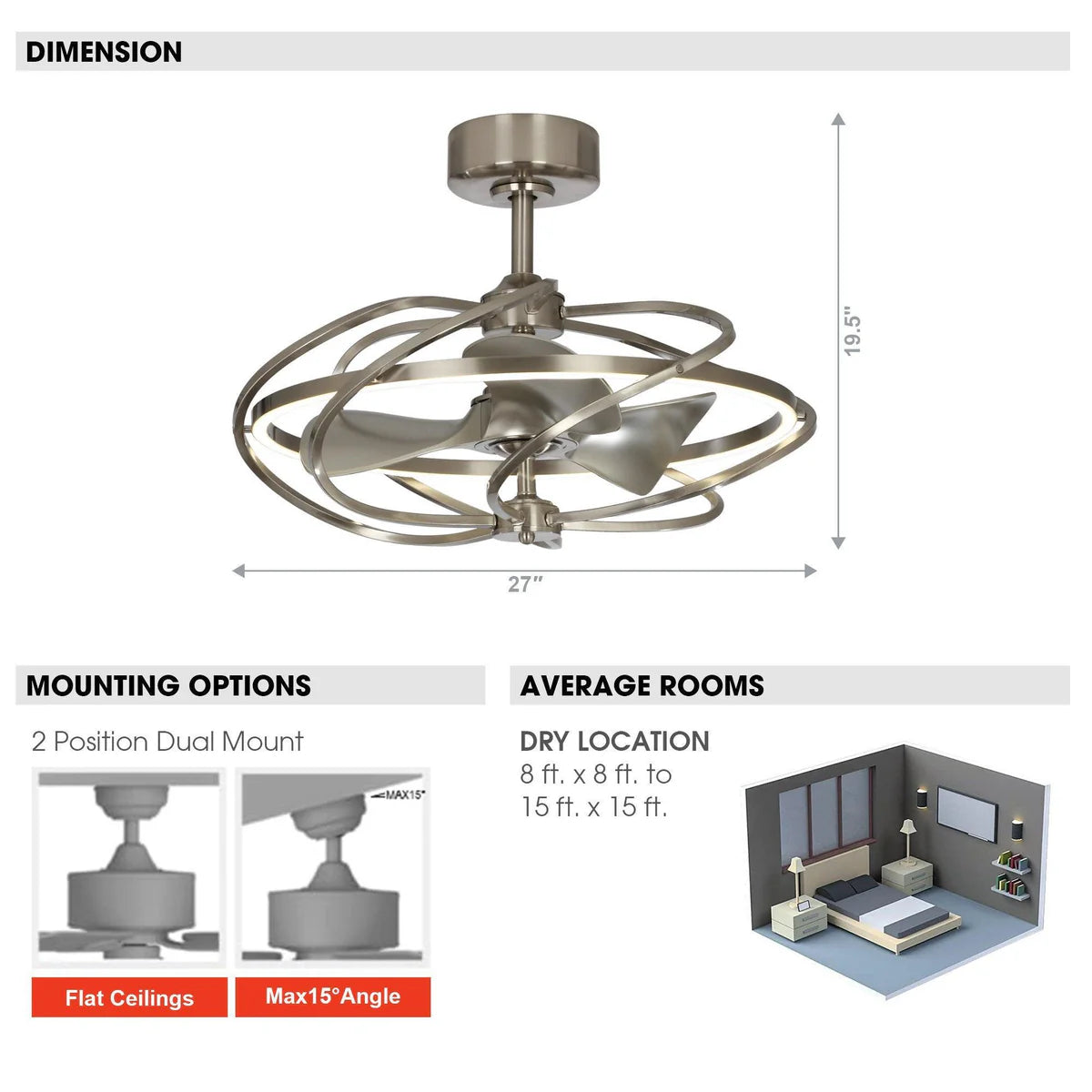 27-Inch Industrial Ceiling Fan with LED Light and Remote Control – Brushed Nickel Downrod Mount with Reversible Blades