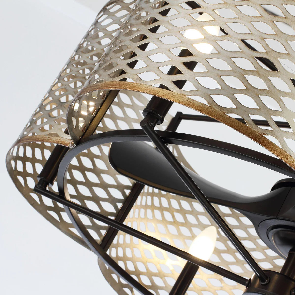 Modern bronze ceiling fan with cage-style light design for small restaurant interiors