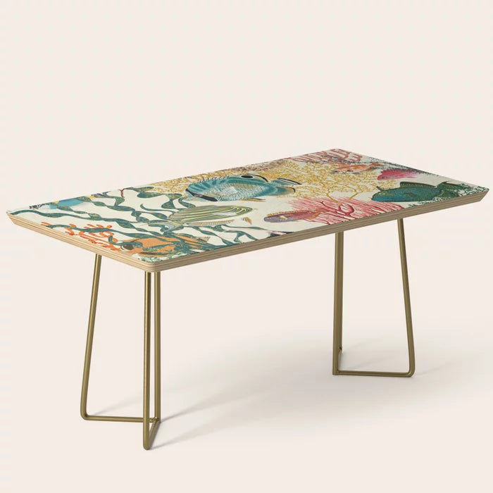 Coral Reef Deep Silence Coffee Table by Annick with gold steel legs – elegant mid-century modern design ideal for hotel lobbies, bar seating areas, and stylish cafés