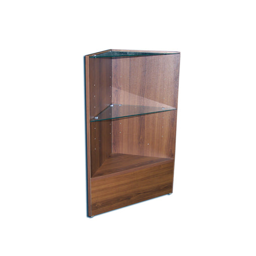 Cherry finish option showing a warm wood surface on the Counter Corner Case with tempered-glass adjustable shelves for retail display use.