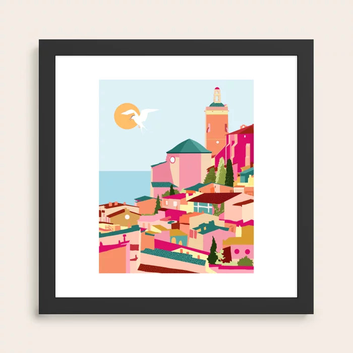 Alt Text:
Crimson Rouge Greece Cityscape Art Print in black frame – bold architectural wall art for restaurant dining rooms, hotel lounges, and contemporary café interiors