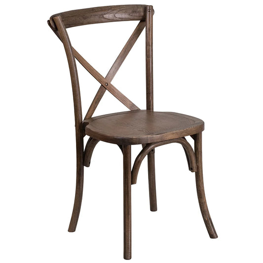Front view of cross back ash wood dining chair with early American brown finish. Classic wood dining chair featuring natural woodgrain texture, ergonomic design, and stackable construction.