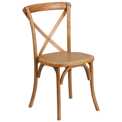 Front view of cross back ash wood dining chair with oak finish. Solid wood restaurant chair with cross-slat back, visible woodgrain, and smooth floor glides for indoor dining use.