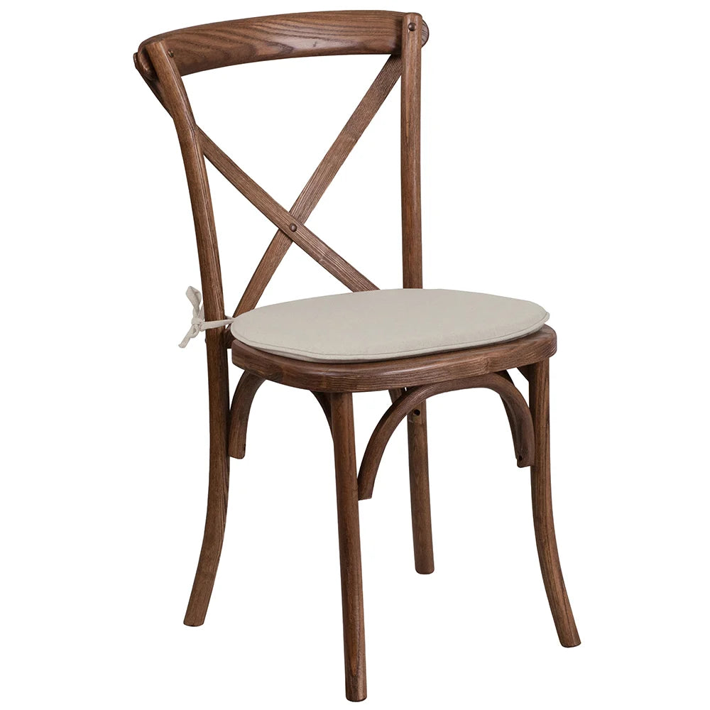 Alt Text:
Front view of cross back ash wood dining chair with pecan brown finish and natural fabric cushion, 17.75" W x 21.5" D x 35" H, stackable up to 8 high, 400-lb capacity.