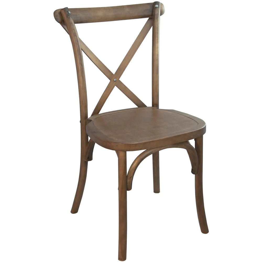 Front view of cross back elmwood dining chair in light brown finish, 17.5" W x 21.5" D x 35" H, stackable up to 8 high, indoor wood seating for cafés or dining rooms.