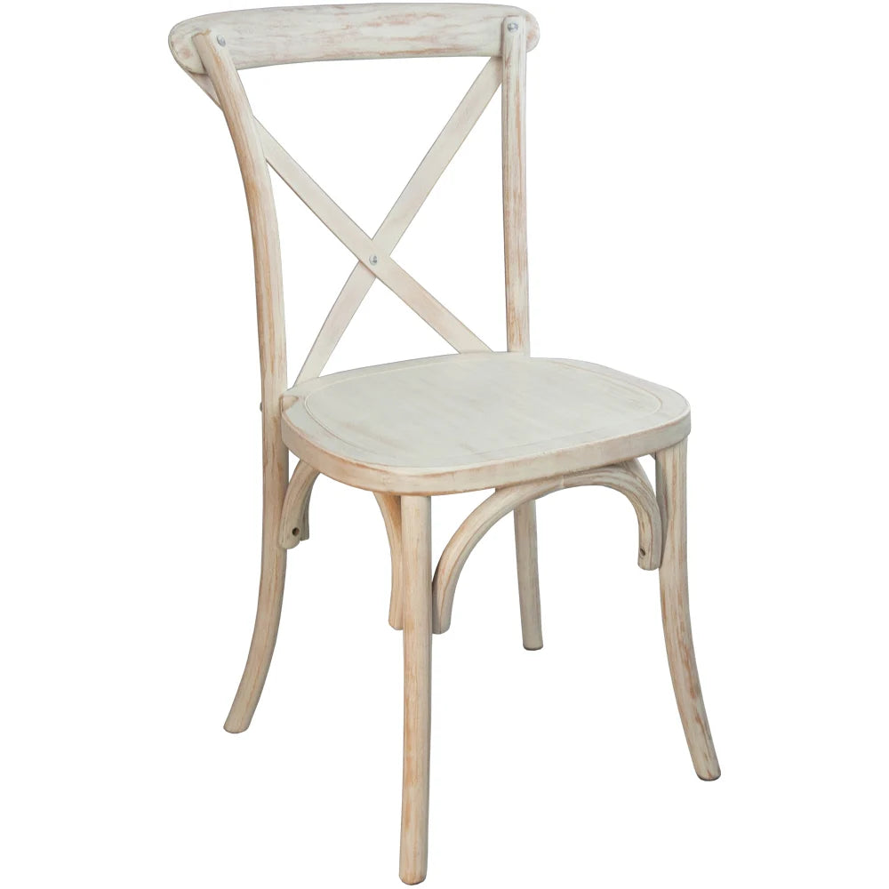 Alt Text:
Front view of cross back elmwood dining chair in white lime wash finish, 17.5" W x 21.5" D x 35" H, solid wood frame, stackable up to 8 high, 400-lb capacity.