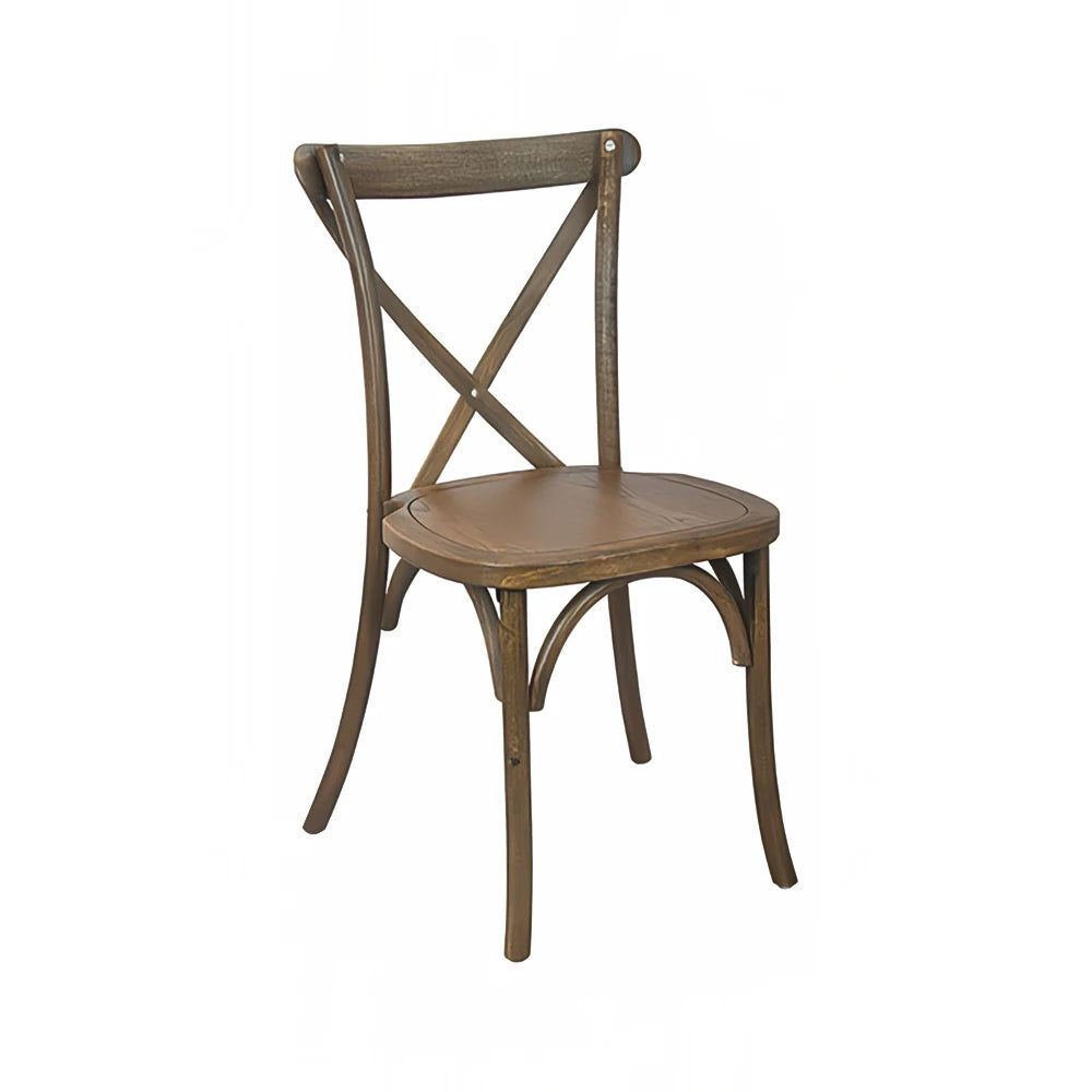 Front view of cross back elmwood dining chair with natural wood finish, solid elmwood frame, 400-lb capacity, stackable seating for restaurant or event use.