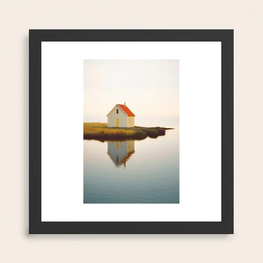 Cute Little Cabin In Iceland Art Print by Michael Schauer in black frame, modern Nordic landscape wall art perfect for restaurant lounges, hotel rooms, and café interiors.