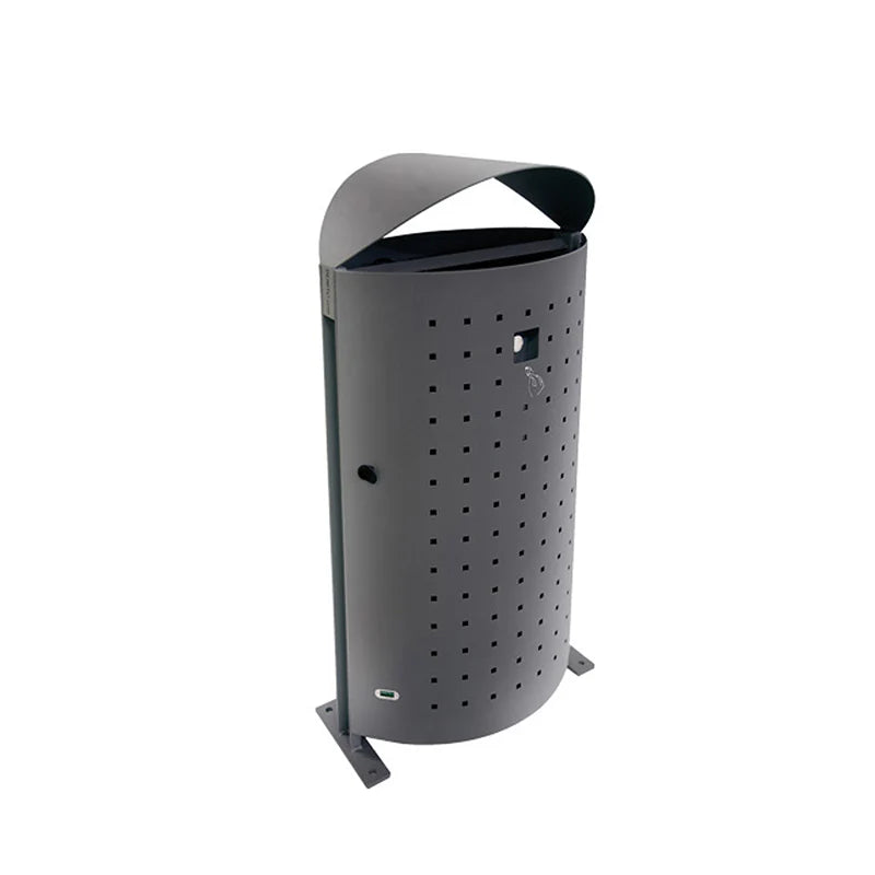 Textured steel outdoor litter bin with rain cover, integrated ashtray, and rectangular body treated for corrosion resistance.