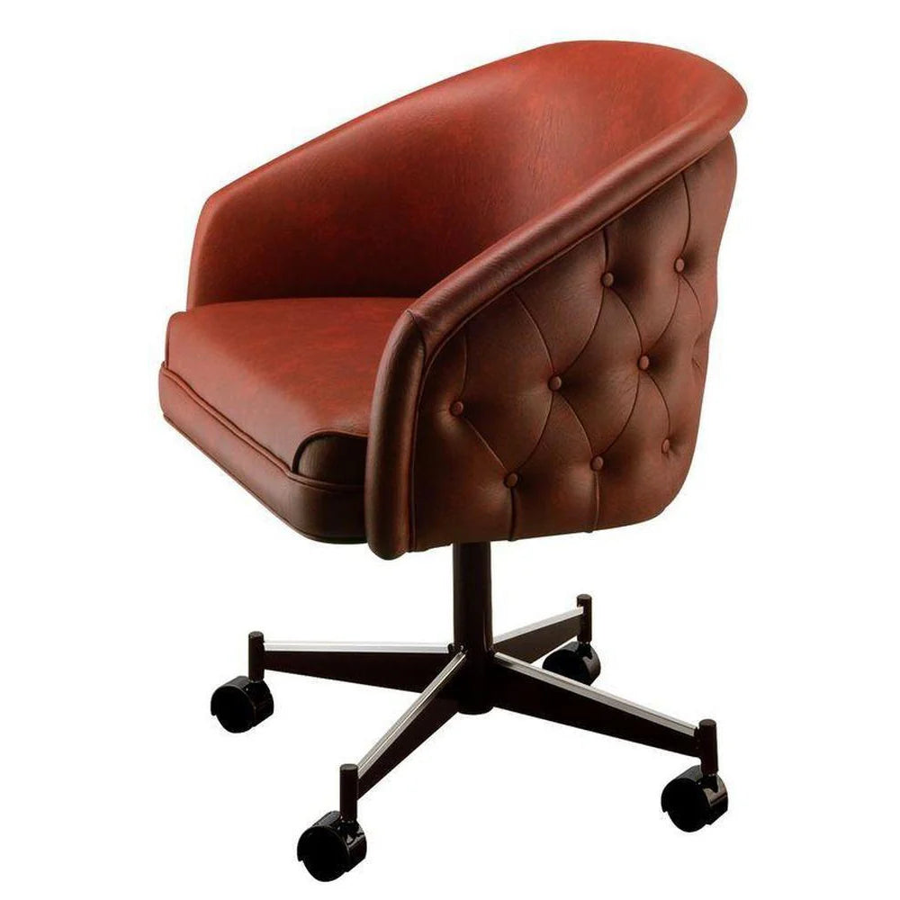 Diamond tufted roller club chair with chrome 5-spoke swivel pedestal base, cream vinyl upholstery, and fully extended arms. Features French seam seat and twin-wheel casters for smooth mobility. Made in the USA.