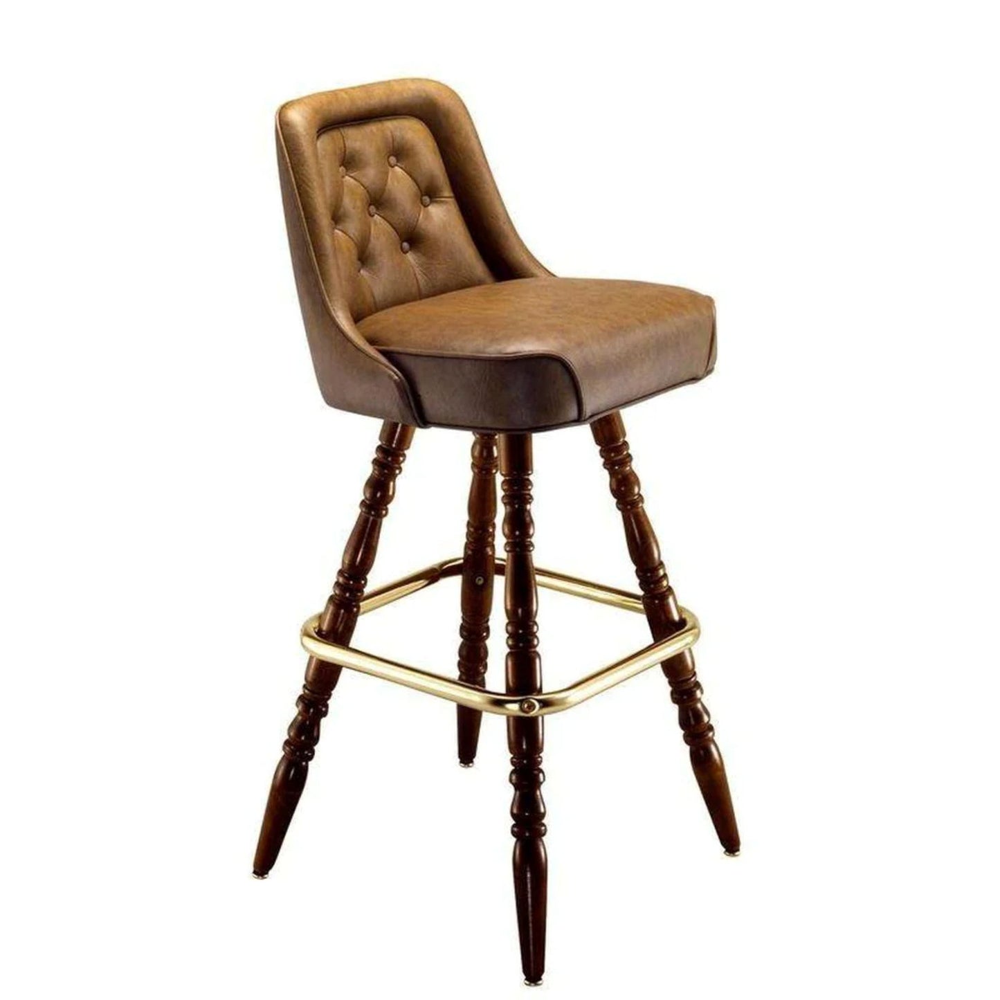 Inner Diamond bar stool with diamond-tufted seat and decorative carved wood legs in walnut finish