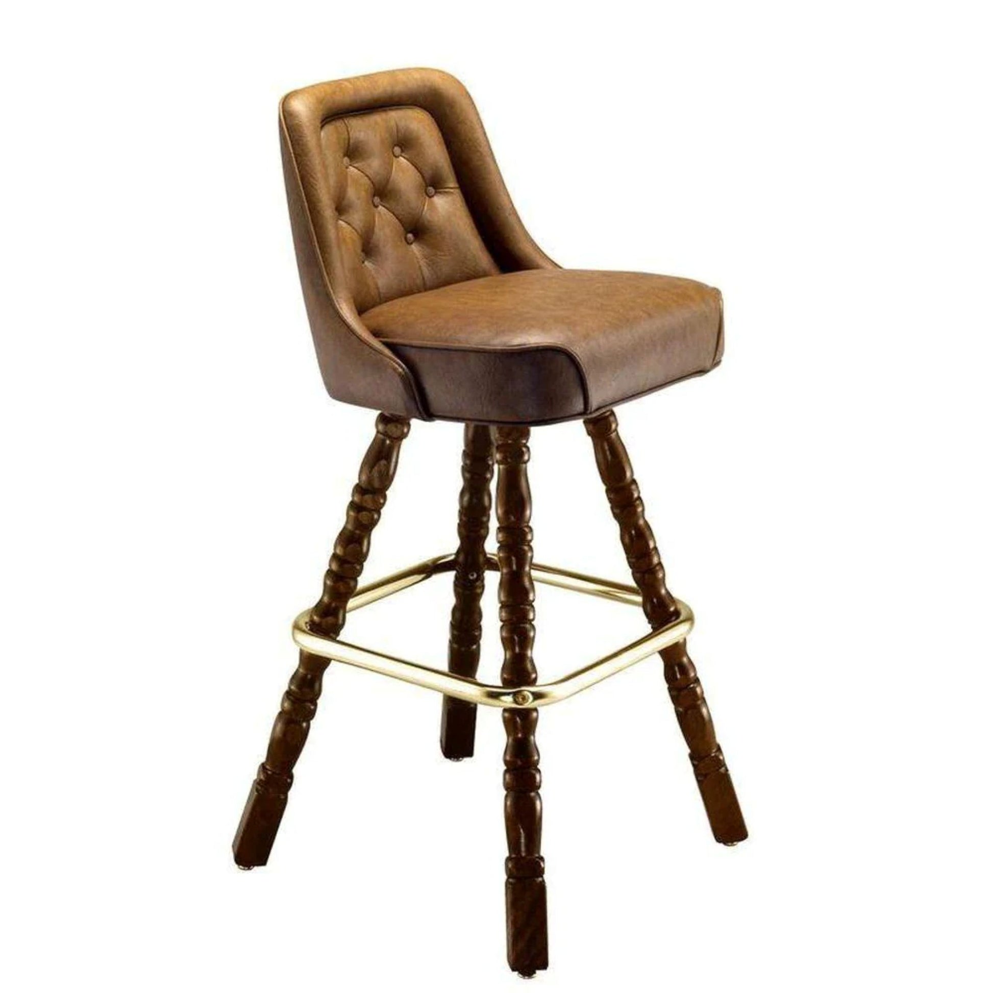 Inner Diamond bar stool with tufted upholstered seat and ornate decorative wood legs in walnut stain
