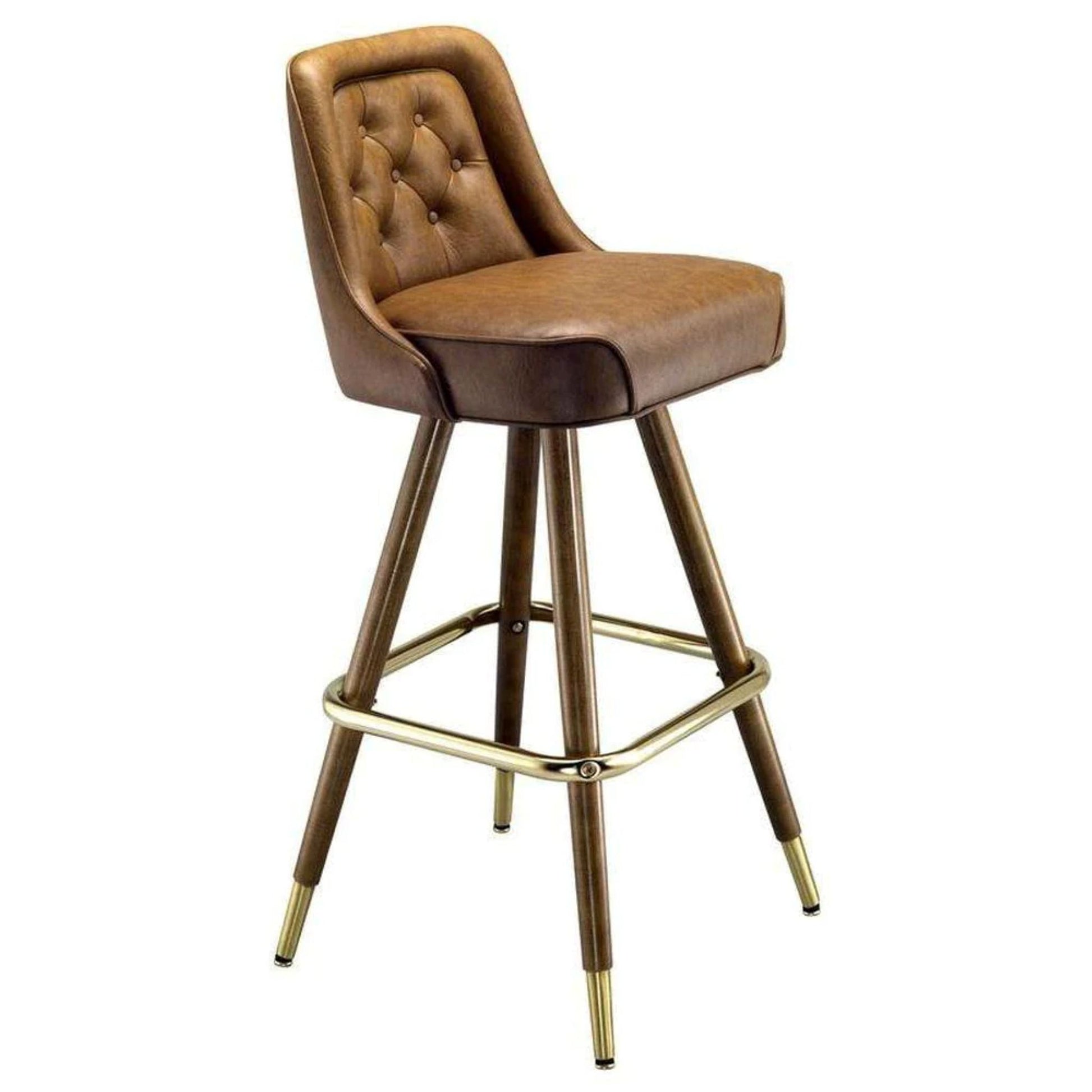 Inner Diamond bar stool with diamond-tufted upholstered seat and straight walnut wood legs