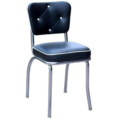 Retro black and white diner chair with diamond-tufted backrest and welded steel frame for restaurant and café seating.