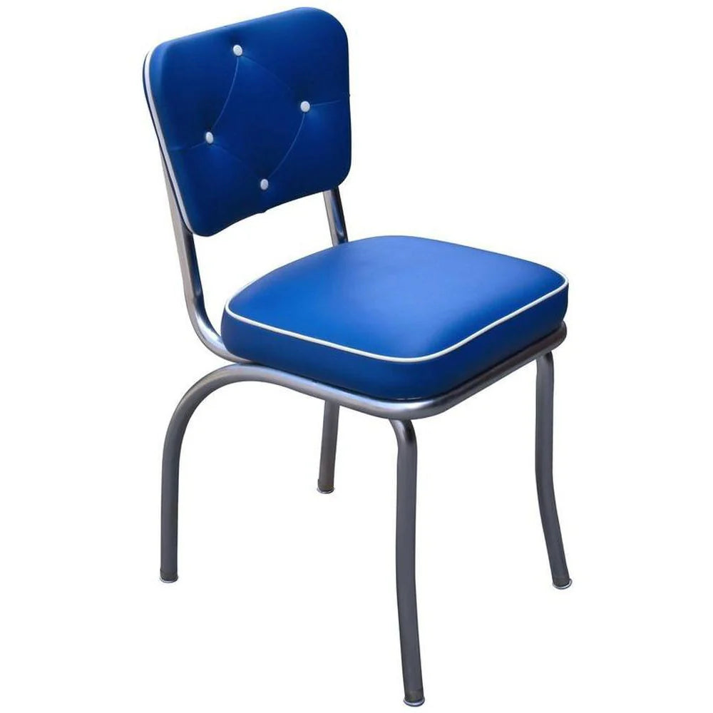 Vintage diner chair in blue and white two-tone vinyl with tufted backrest, ideal for restaurants, cafés, bars, and hospitality interiors.