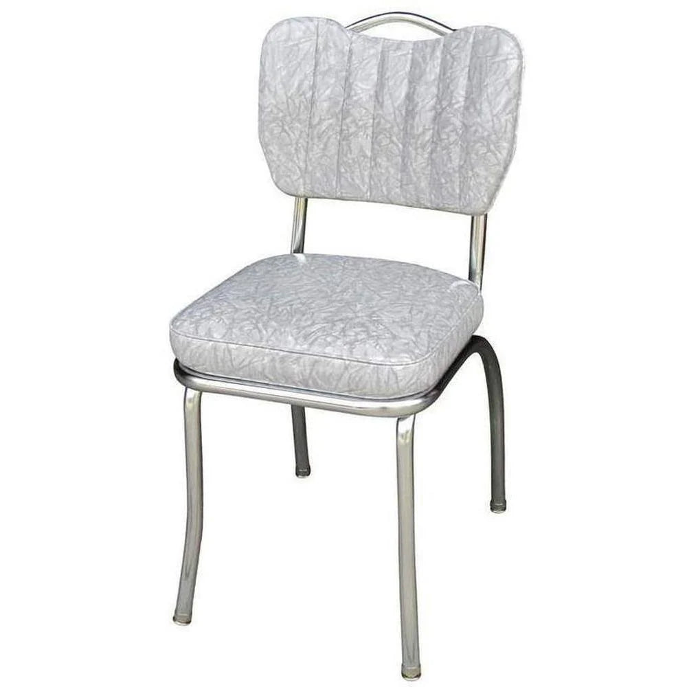 Front view of cracked ice grey retro diner chair with chrome frame and sewn channel backrest ideal for restaurants and hotels.