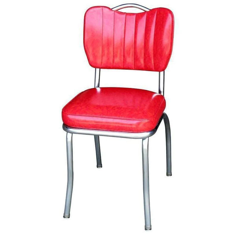 Front view of cracked ice red retro diner chair with chrome handle back, ideal for classic restaurant and bar interiors.