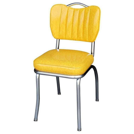 Front view of cracked ice yellow retro diner chair with chrome handle back and sewn channel upholstery for restaurants and cafés.