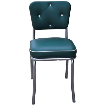 Green and white retro diner chair with diamond tufting and commercial-grade construction for hospitality environments.