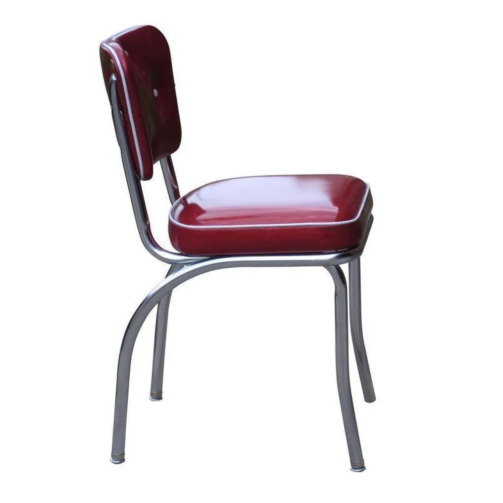 Side view of sparkle red retro diner chair showing tufted backrest and commercial-grade steel frame for restaurant and café seating.