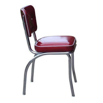 Side view of sparkle red retro diner chair showing tufted backrest and commercial-grade steel frame for restaurant and café seating.