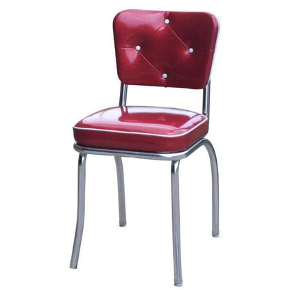 Retro diner chair in sparkle red and sparkle silver upholstery with diamond tufting, designed for restaurants, cafés, bars, and hotel dining spaces.