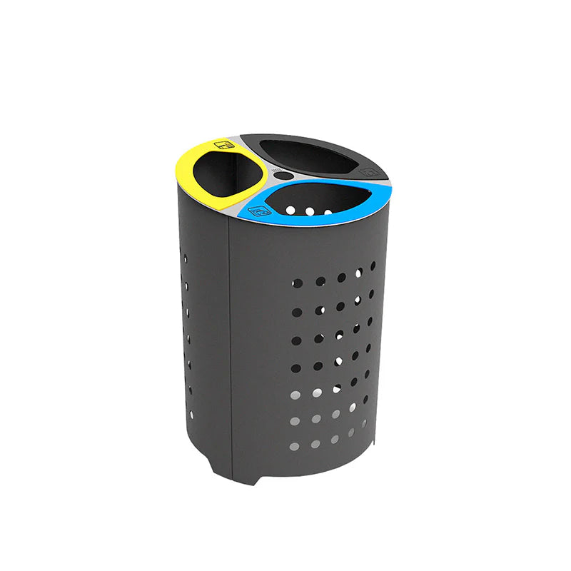 Outdoor steel recycling litter bin with perforated metal body, stainless steel lid, and three disposal openings.