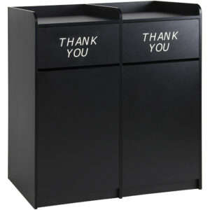 Food service trash cabinet with dual compartments and thank you message doors