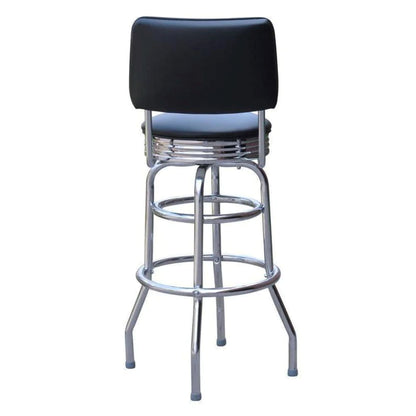 Chrome-pan round seat bar stool with supportive backrest and swivel base