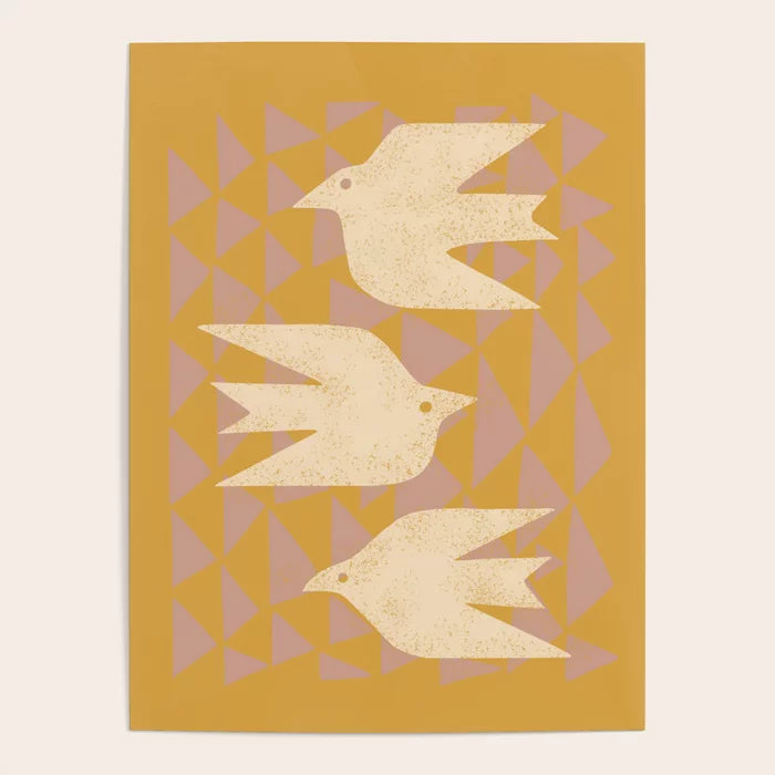 Doves In Flight Yellow Poster by Renea L Thull featuring soft yellow tones and graceful bird silhouettes, perfect wall art for cafés, hotels, and restaurant interiors.