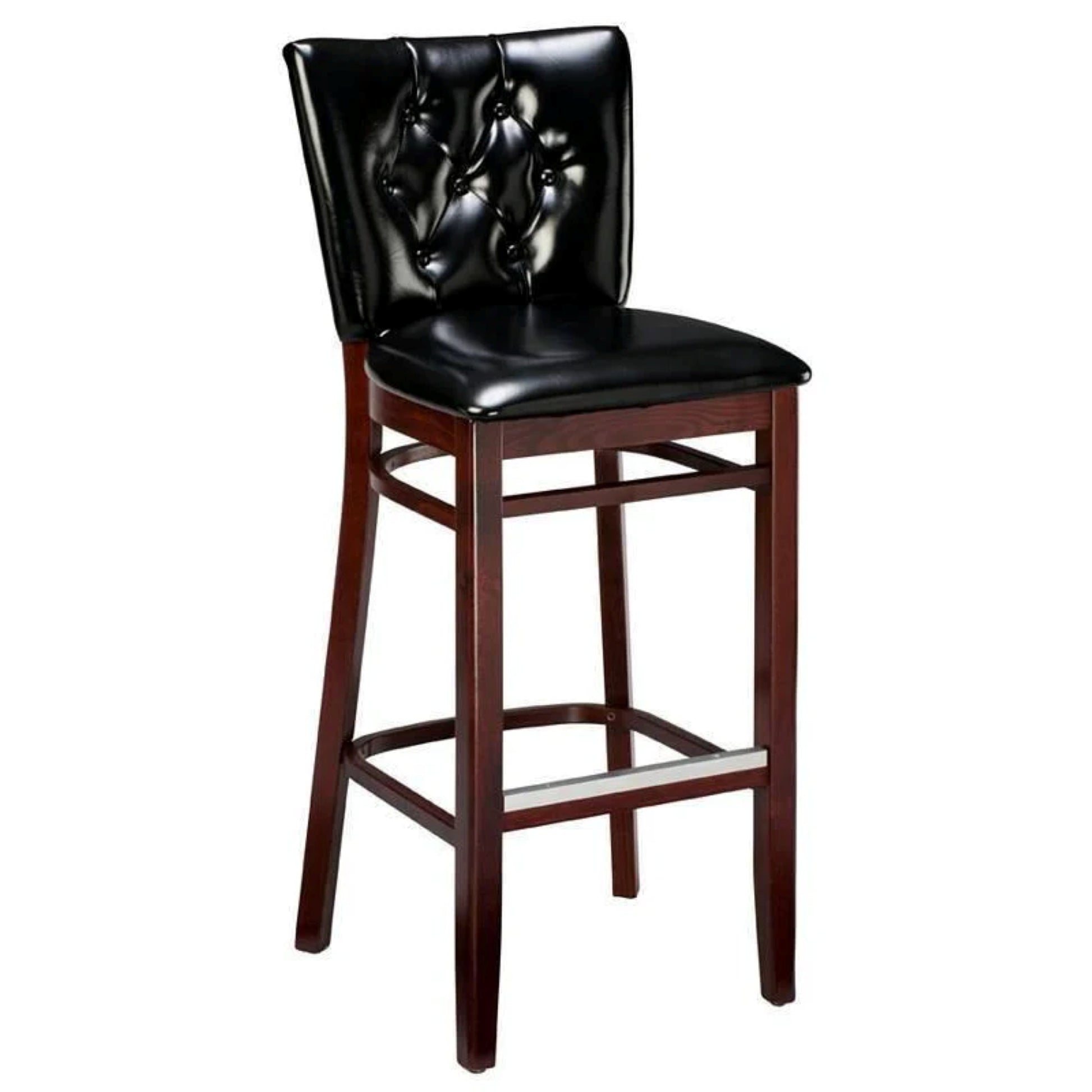 Classic wooden bar stool with padded seat, upholstered back, and decorative Classic wooden bar stool with padded seat, upholstered back, and decorative  nails