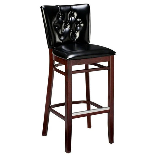 Classic wooden bar stool with padded seat, upholstered back, and decorative Classic wooden bar stool with padded seat, upholstered back, and decorative  nails