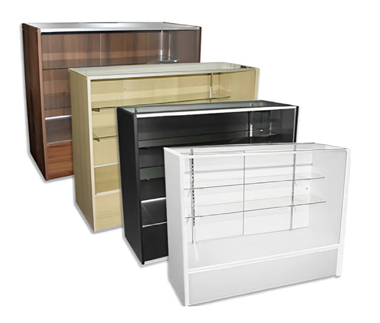 Image showing all finish options for the Economy Extra Vision Showcase, including Black, Maple, Cherry, and White, with each case displaying its tempered-glass front, top, and shelving.