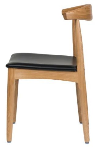 Side view of Elbow Chair featuring natural clear coat faux wood grain frame and black vinyl seat. Commercial-quality dining chair with sleek, modern silhouette.