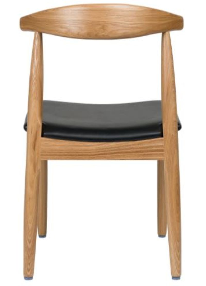 Back view of Elbow Dining Chair featuring faux wood grain metal frame, rounded back support, and smooth black vinyl seat.