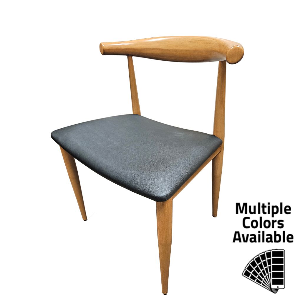 Front view of Elbow Dining Chair with faux wood grain metal frame and black vinyl seat, showing curved backrest and mid-century modern design.