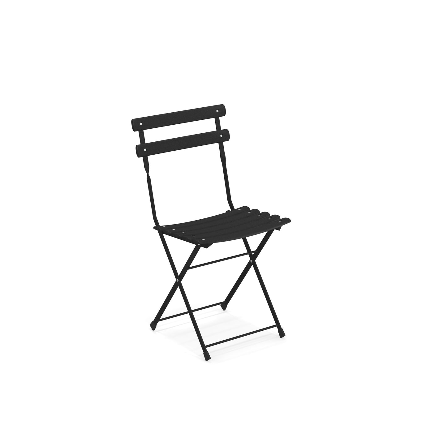 Emu Arc en Ciel E314 folding chair in black finish with slatted steel seat and E-coated frame, perfect for restaurant and patio use.