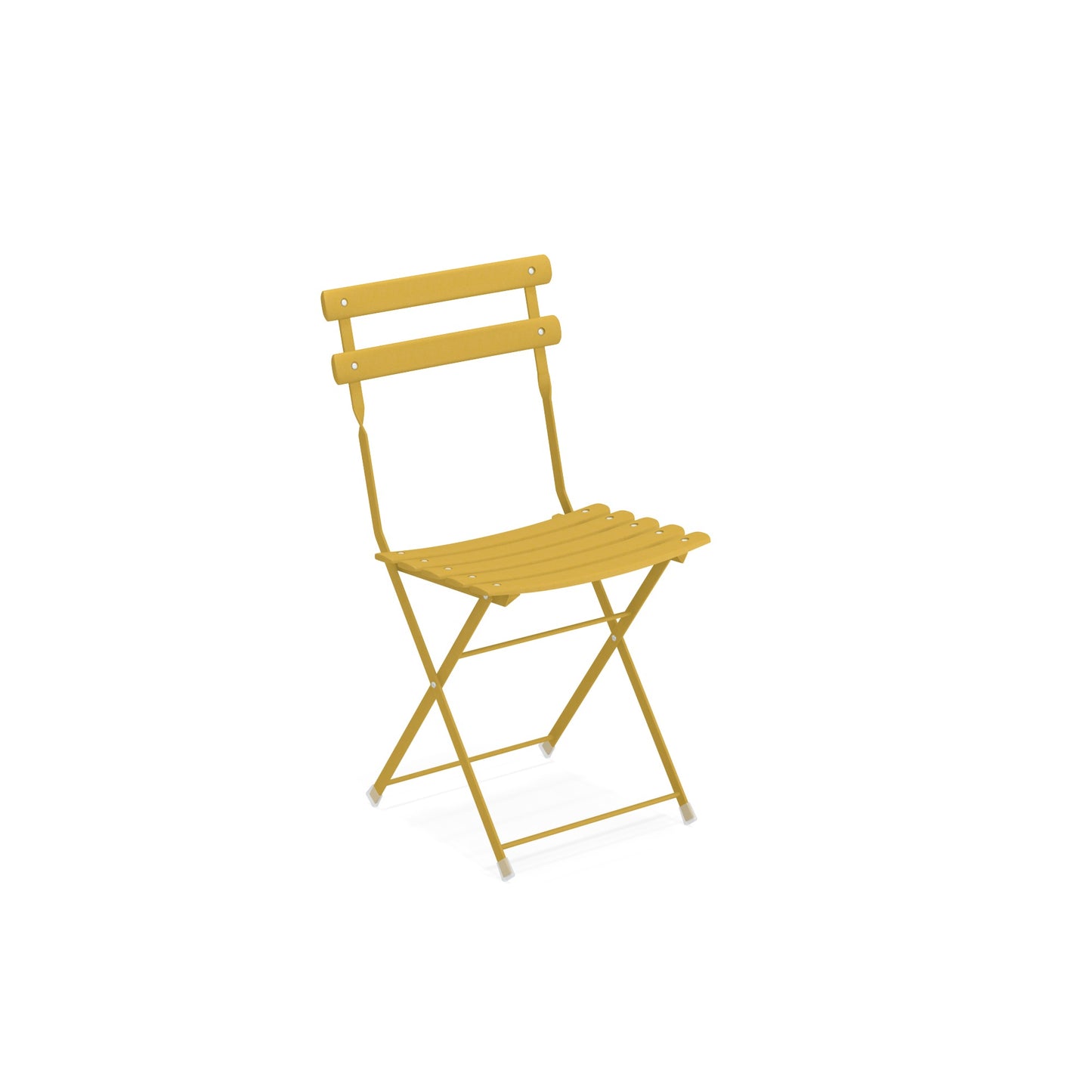 Emu Arc en Ciel E314 folding side chair in curry yellow finish featuring a powder-coated steel frame with slatted seat and back.