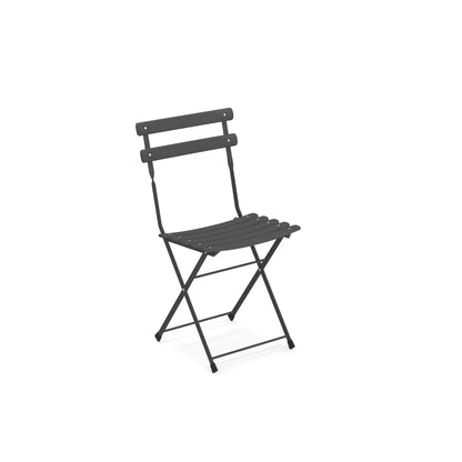 Emu Arc en Ciel E314 folding chair with iron finish and steel slat seat, designed for cafés, patios, and modern outdoor dining spaces.