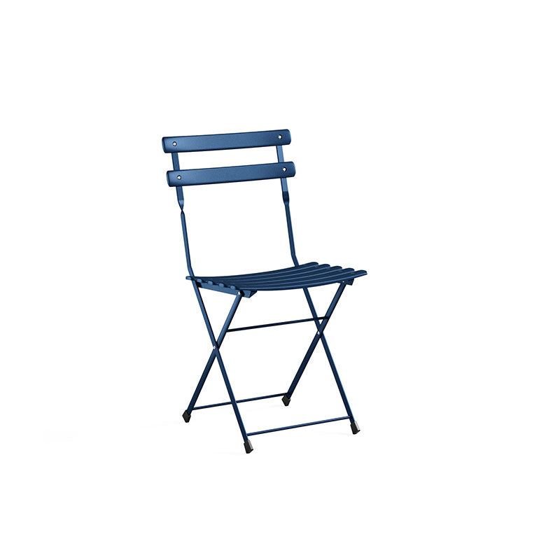 Emu Arc en Ciel E314 folding steel chair in sapphire blue color, featuring a durable, powder-coated design for indoor and outdoor dining.