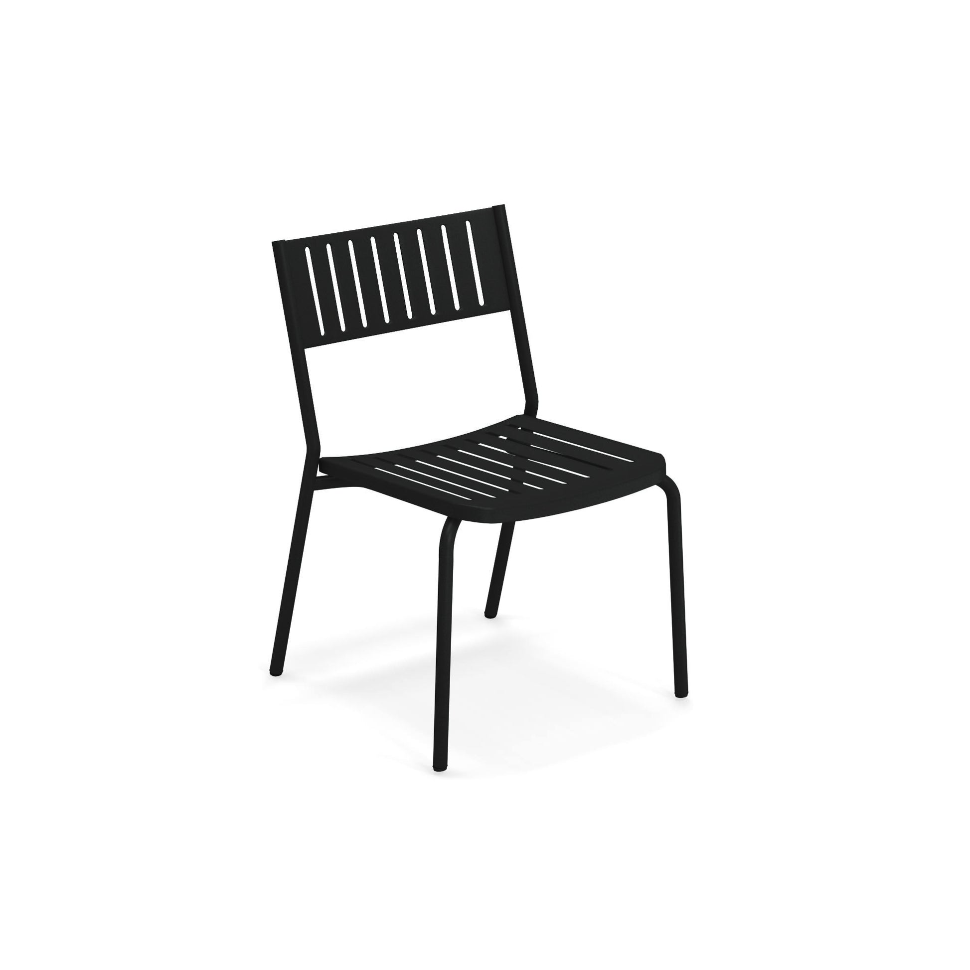 Emu Bridge E146 black stacking side chair with steel slat seat and back, powder-coated finish for indoor and outdoor dining areas.