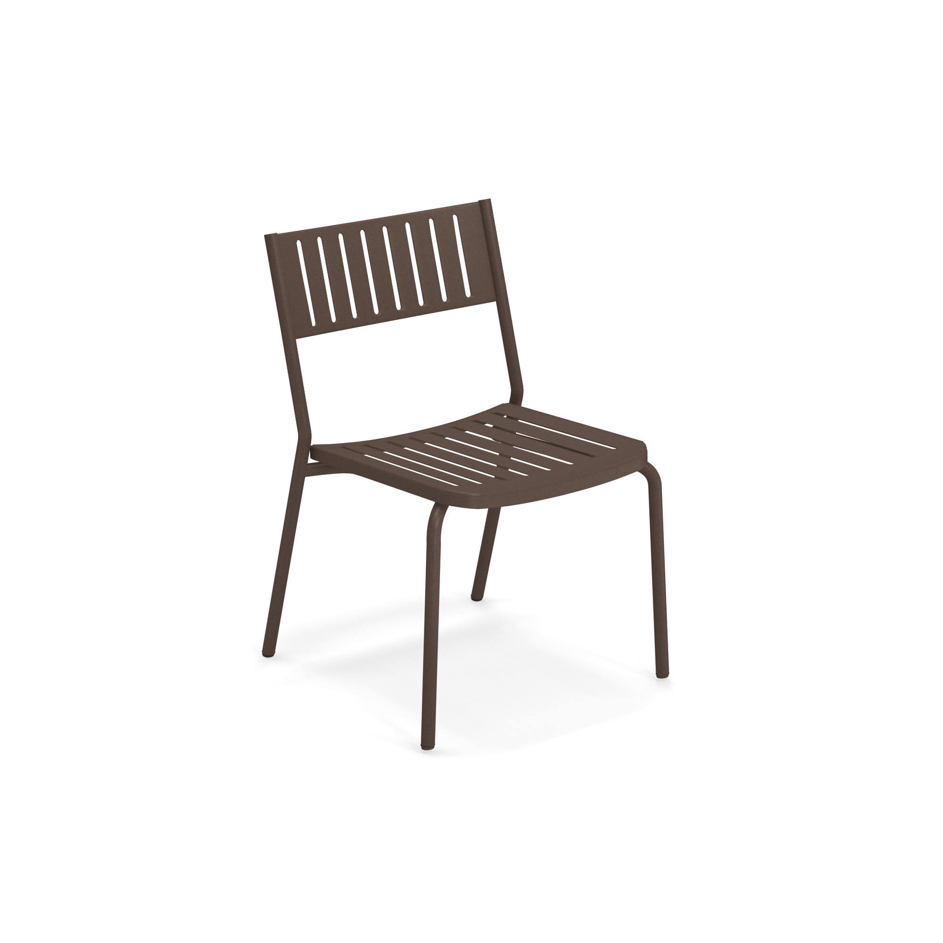 Emu Bridge E146 bronze stacking side chair with tubular steel frame and slatted back, designed for modern outdoor and indoor dining.