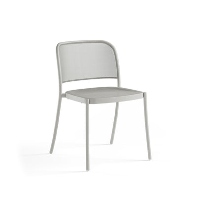 Emu Café E556 stacking dining chair in cement finish with tubular steel frame and extended mesh back, suitable for indoor or outdoor use.