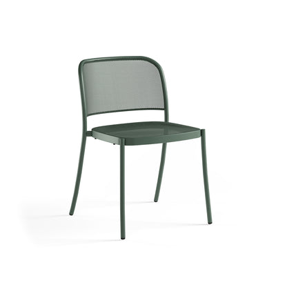 Emu Café E556 outdoor stacking chair in dark green finish, featuring steel mesh design and weather-resistant powder coating.