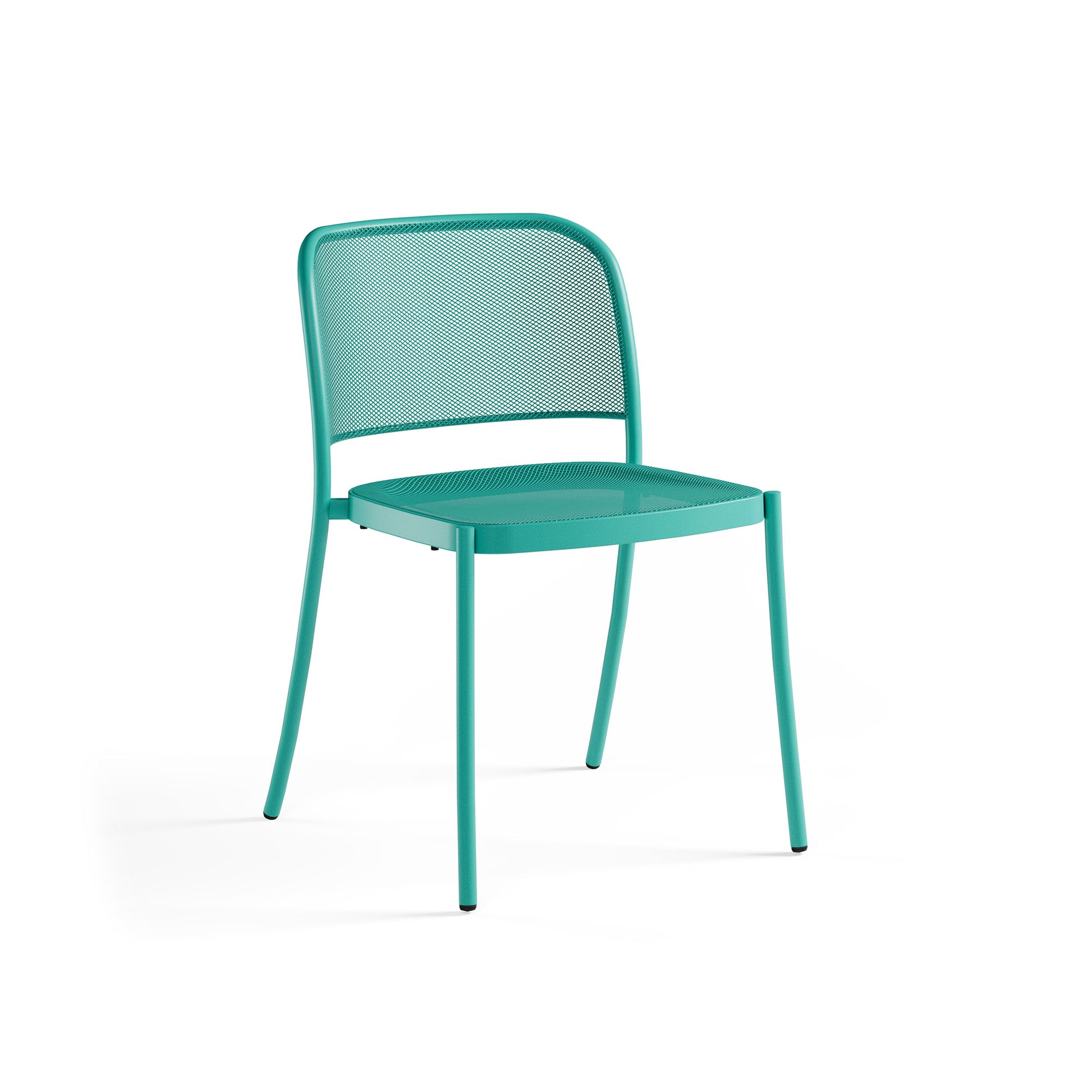 Emu Café E556 stacking chair in ocean green finish, crafted from powder-coated tubular steel with an extended mesh seat and back for modern outdoor dining spaces.