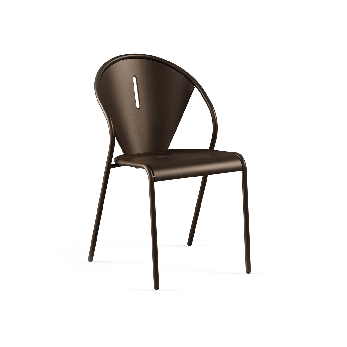 Emu Code E679 stacking side chair in bronze finish, made from E-coated steel with modern industrial styling for restaurants and patios.